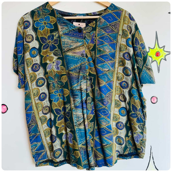 Vintage 90s Abstract Art Patterned Grunge Goth Blouse - Boho - Rayon - Oversized