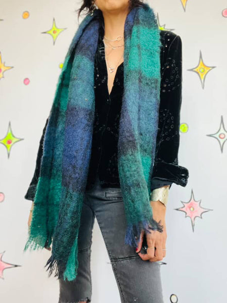 Vintage Fuzzy Tartan Scarf Navy & Green Emo Grunge Mohair Wool Oversized Wrap