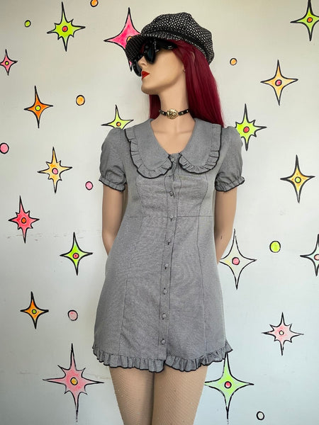 Houndstooth Babydoll Mini Dress Big Collar Preppy Dark Academia Mall Goth S