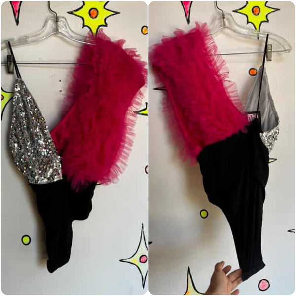 Vintage Dance Costume | Pink Fringe Showgirl Burlesque Circus Leotard Playsuit