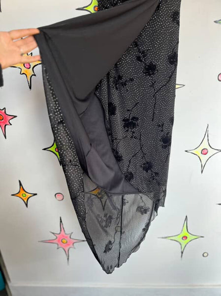 90s Y2K Black Glitter Strapless Fairy Goth Dress - Asymetric Hem Slip - Small