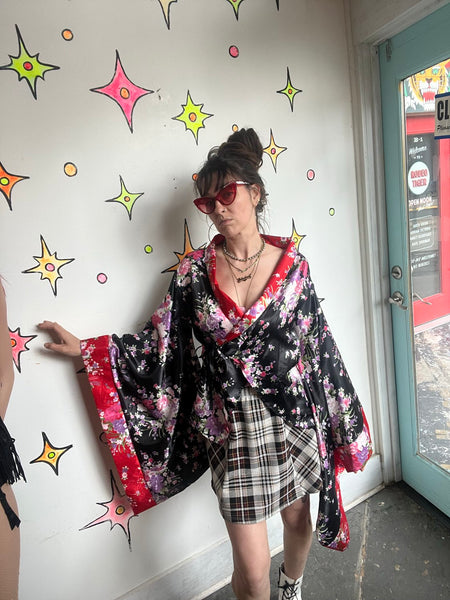 Satin Kimono Top Wide Bell Sleeve Robe Glam Boho Lolita Kawaii Geisha Cosplay