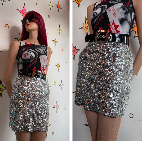 Metallic Silver Beaded Sequin Pencil Skirt Party Chainmail Galactic Glam M