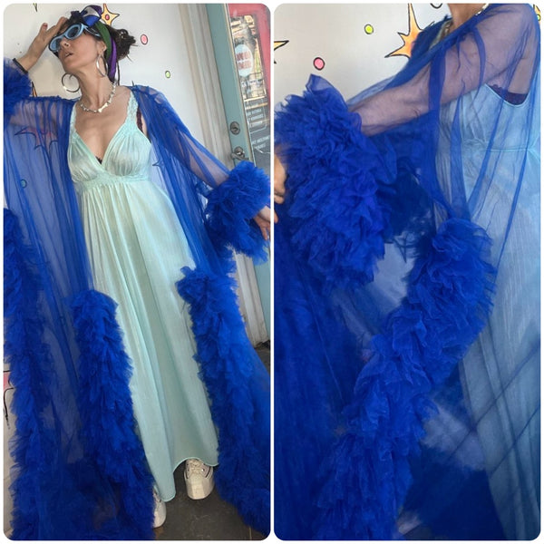 Old Hollywood Decadent Blue Chiffon Ruffle Robe – Sheer Lingerie Boudoir Glam