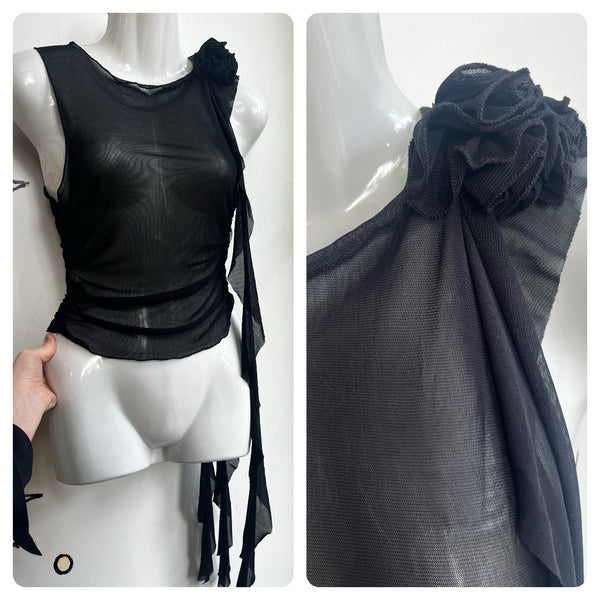 Vintage Y2K | Stretchy Black Whimsy Goth Sheer Mesh Grunge Fairy Top | S - M