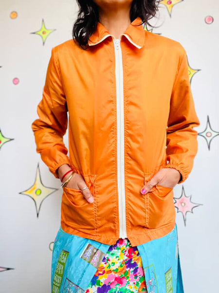 Vintage 60s 70s Groovy MOD Grunge Orange Retro Sporty Nylon Windbreaker Jacket S
