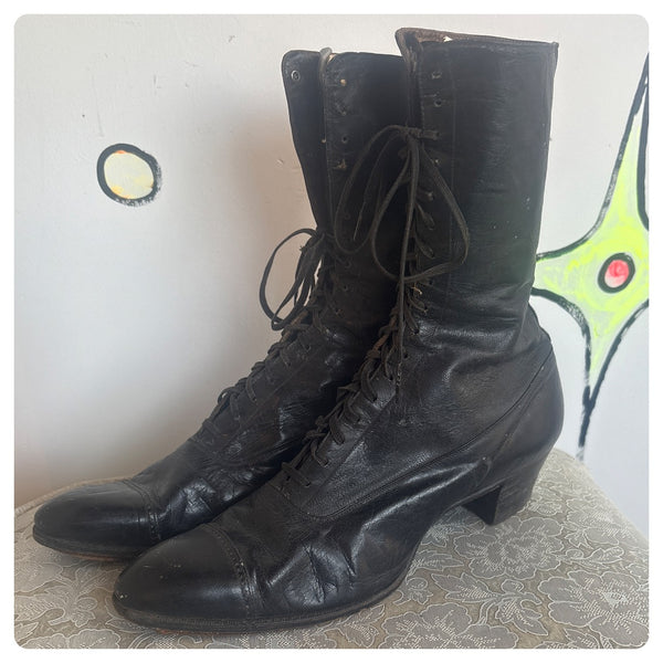 Antique Edwardian Black Leather Boots – Early 1900s Victorian US Womens 5.5–6