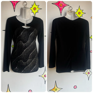 Vintage Y2K 2000s | Black Silver Metallic Abstract Cyber Fairy Grunge Top | S