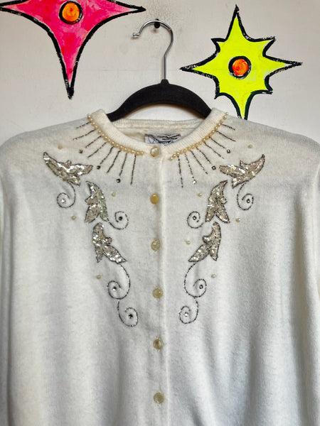 Vintage 1950s Creamy White Beaded Cardigan Sweater - Soft Fuzzy – Beaded - M
