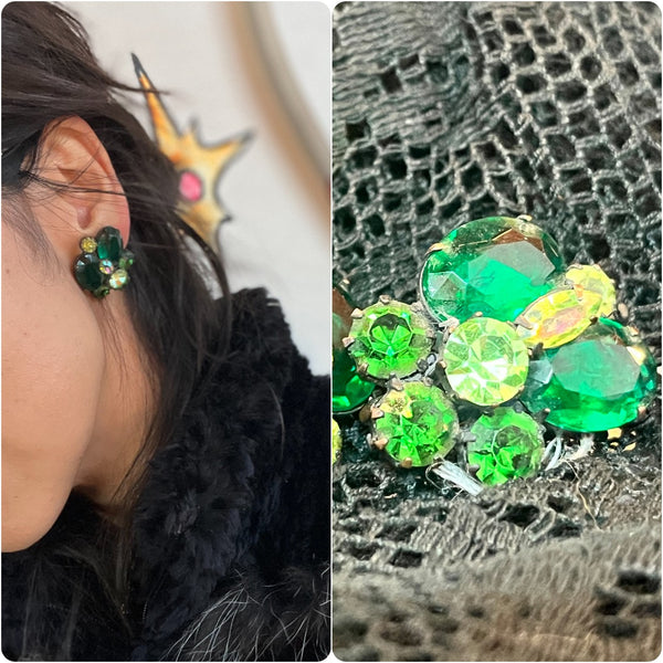Vintage 50s 60s Green Fairy Clip On Earrings Chunky Sparkly Crystals Rhinestones