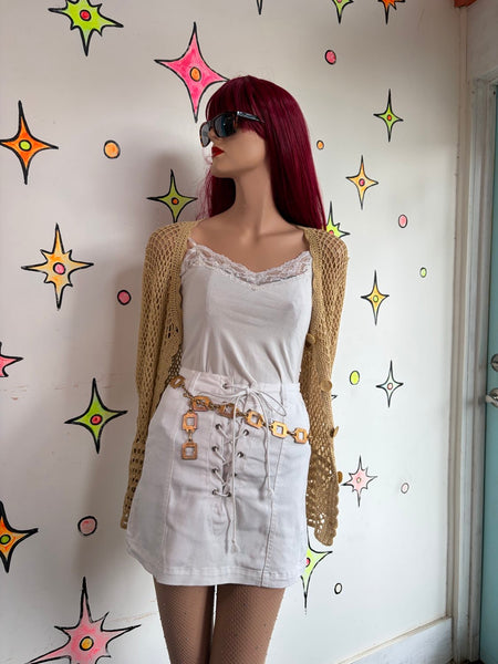 White Denim Lace-Up Sailor Mini Skirt Boho Grunge Summer Resort | S