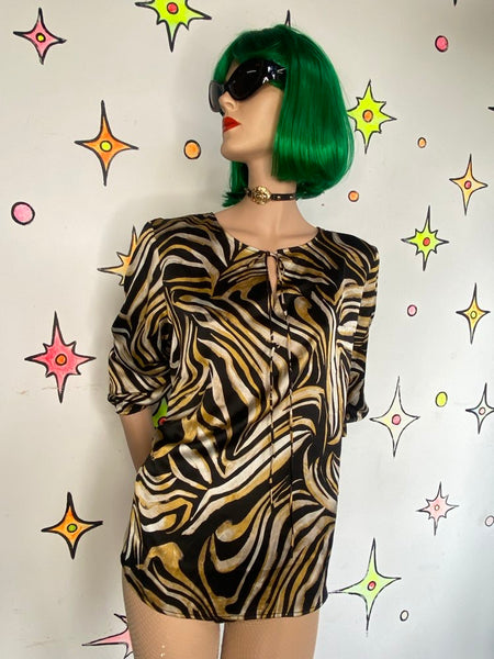 Tiger Print Blouse Balloon Sleeve Tie Neck Animal Print Evan Picone L