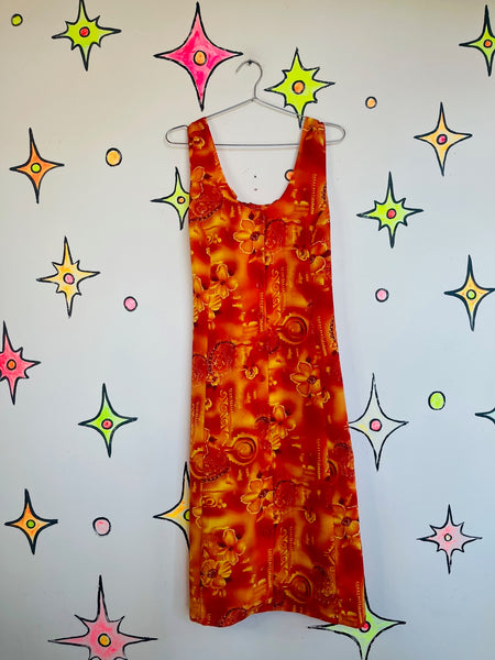 Vintage 90s Y2K Orange & Red Tiki Hawaiian Dress Boho Fairy Grunge Midi – Small