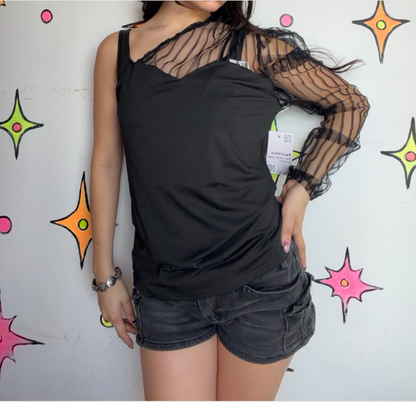 Black Lace Blouse Sheer Romantic Goth Top Asymmetrical Gothic Fairy XL
