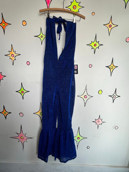 Blue Metallic Glitter Disco Halter Jumpsuit Glam Bellbottom Groovy Retro S