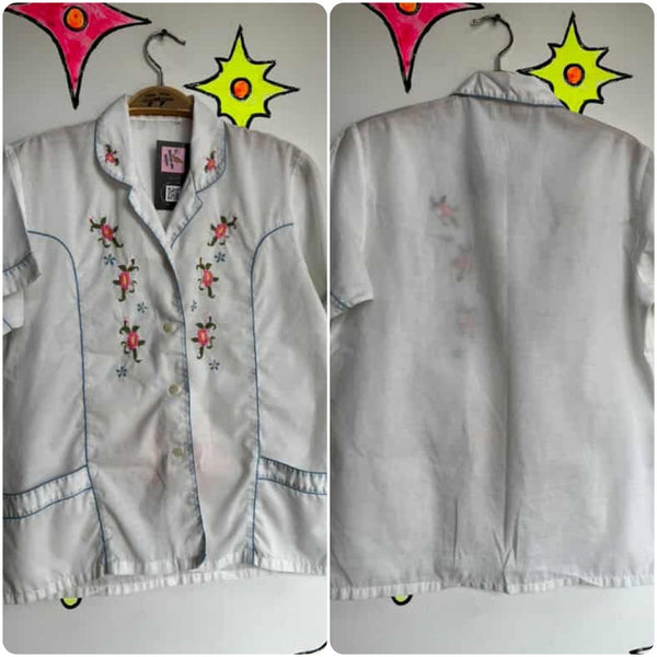 Vintage 70s White Embroidered Pajama Top - Nancy Nightmare on Elm Street Style - S