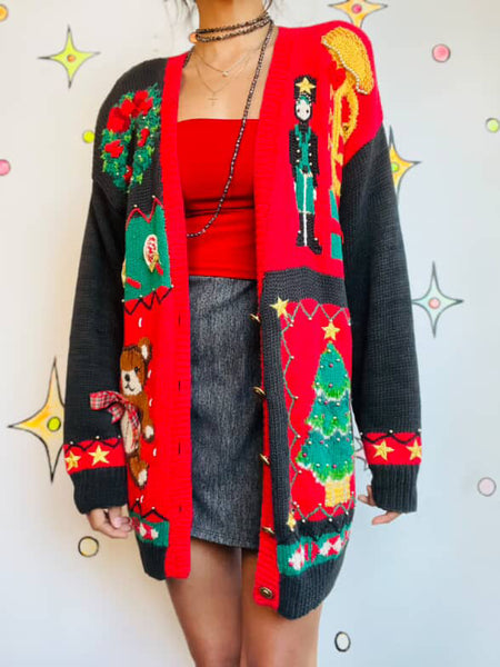 Vintage 80s 90s Ugly Tacky Christmas Party Sweater Cardigan w Teddy Bear M/L
