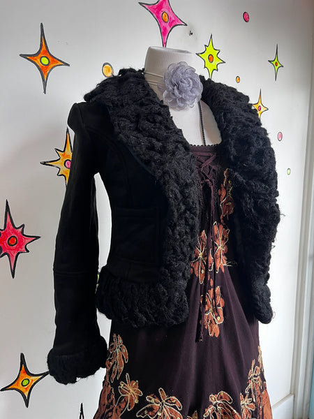 Y2K Black Faux Fur Trim Jacket Fairy Grunge Whimsy Goth Glam - XS