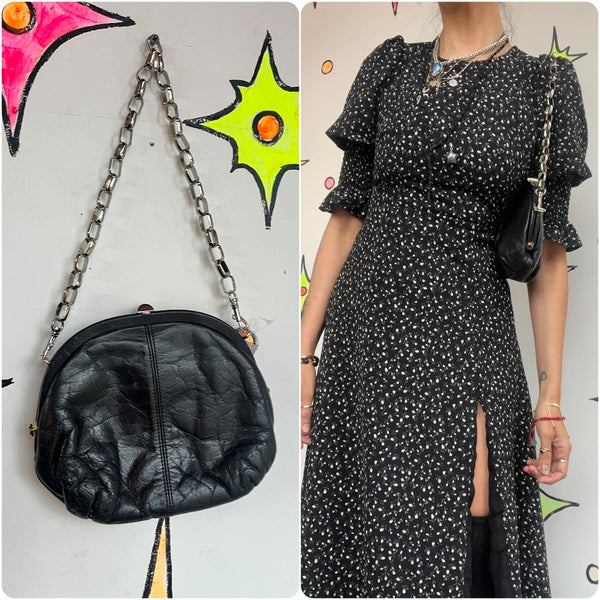Vintage 80s Black Kisslock Leather Goth Glam Purse Bag Handbag with Chain Handle
