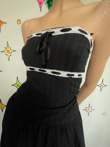 90s Y2K Vintage Black Whimsygoth Babydoll Dress White Lace Trim Lolita Mini S/M