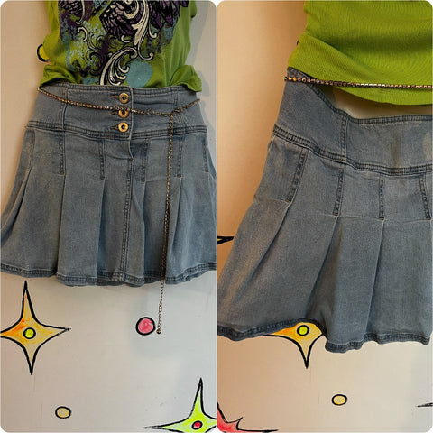 Vintage 90s Y2K Pleated Y2K Fairy Grunge Coquette Low Rise Denim Mini Skirt M