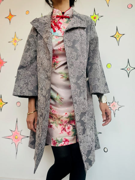 Y2K Silver Paisley Print Coat | Vamp Glam Goth Fairycore Romantic Medium - M