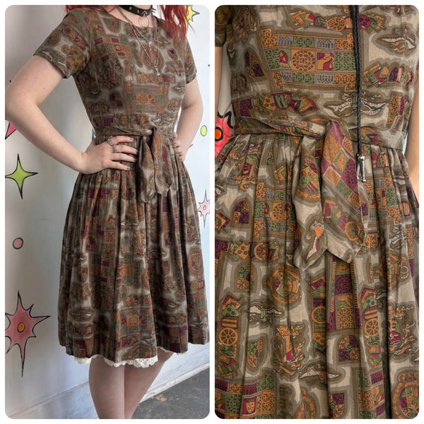 Vintage 50s Earth Tone Tiki Mid Century Art Print Fit & Flare Cotton Dress - S