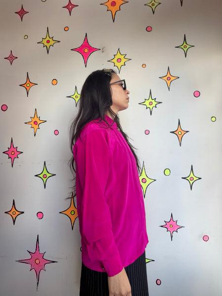 Vintage 80s Hot Pink Silk Blouse Bright Pink Glam Office Siren Top Maximalist M