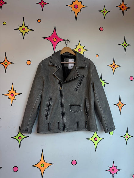 Y2K Distressed Vegan Leather Jacket | Grunge Goth Cyber Punk Rocker Jacket L
