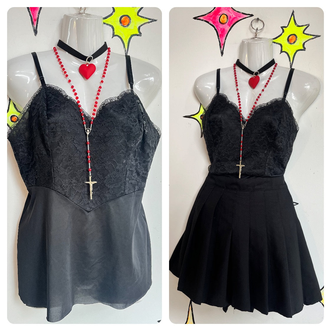 Vintage | Black Lace Pinup Goth Coquette Fairy Grunge Camisole Cami Top | 36