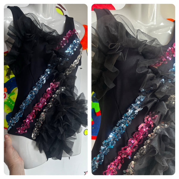 Vintage Dance Costume | Black Ruffle Burlesque Circus Leotard Clown Playsuit