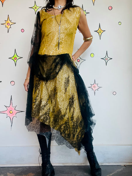Antique 1920s Gold and Black Lace Flapper Party Dress | Gatsby Era Evening Gown