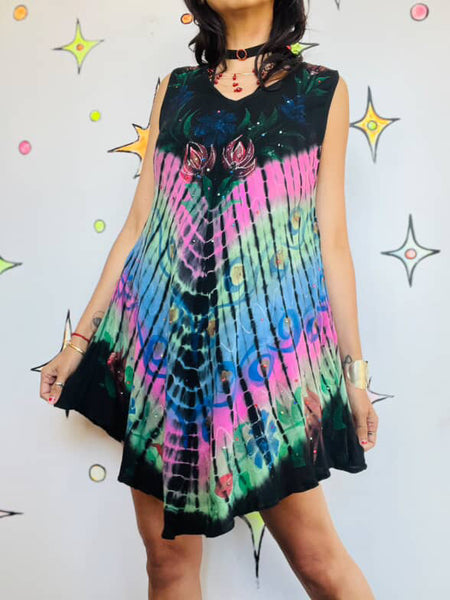 Vintage Black & Rainbow Grunge Fairy Boho Festival Mini Dress | Size M/L