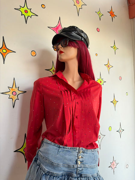 Cherry Red Retro Secretary Blouse Rainbow Polka Dots Pride Academia Kawaii L