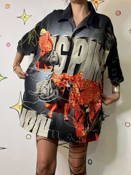 Vintage Urban Collage Print Button Up Street Style Graffiti Art Party Shirt XL