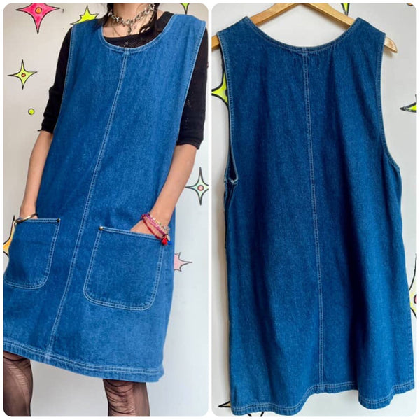 Vintage 90s | Denim Overall Dress Grunge Fruits Streetstyle Emo Mini Dress | XL