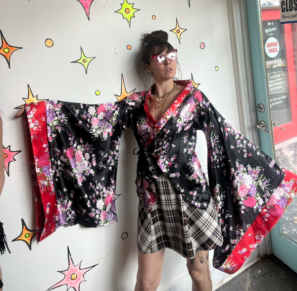 Satin Kimono Top Wide Bell Sleeve Robe Glam Boho Lolita Kawaii Geisha Cosplay