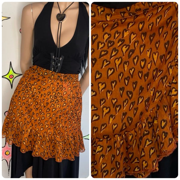 Y2K Orange Heart Print Mini Skirt | Fairy Grunge Ruffle Urban Outfitters Skirt S