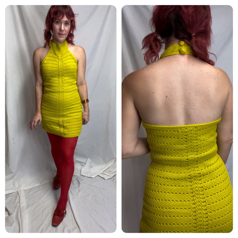 Retro 90s does 60s 70s | Lime MOD GoGo Crochet Knit Mini dress | Small