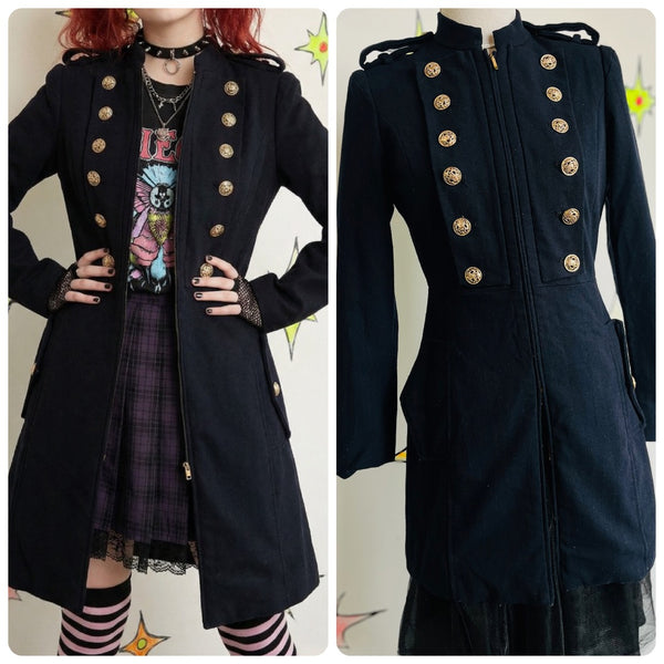 Y2K Navy Military Coat w Gold Buttons | Piratecore Steampunk Fairy Grunge – S
