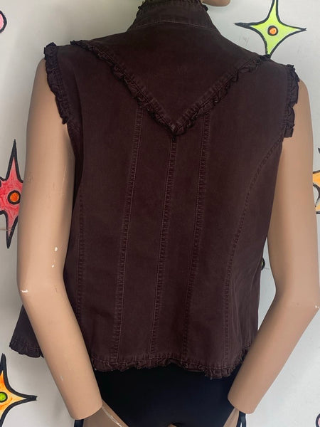 Brown Ruffled Denim Military Vest Y2K Boho Utility Grunge Layering Top - 16
