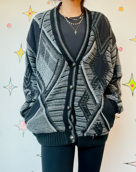 Vintage 90s Y2K Coogi-Style Boho Grunge Cardigan Sweater – Gray & Black - S