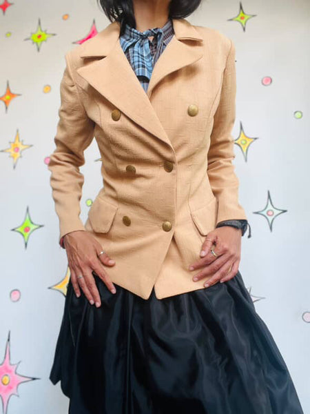 Vintage 70s Tan Polyester Blazer - Dagger Collar Retro Jacket - Size 8