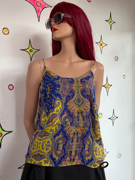 Vintage Y2K Pure Silk Paisley Tiered Cami Boho Fairy Grunge Blouse L