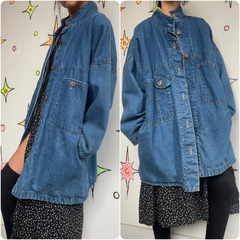 Vintage 90s | Denim Oversized Chore Barber Jacket Coat | Trench Coat | One Size
