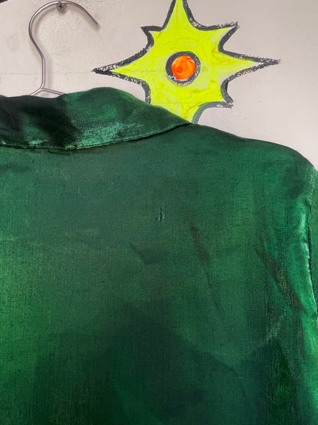 Emerald Metallic Button Up Shirt - 90s Vintage Fairy Grunge Cyber Party Top M/L