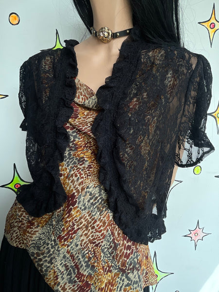 Black Lace Shrug Blouse Romantic Fairy Grunge Gothic Top Boudoir Sheer Cardigan
