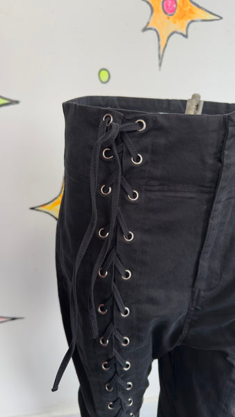 Black Lace Up Pants Western Goth Statement High Rise Sexy Rocker Trousers Sz 10