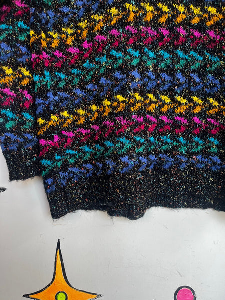 Vintage Rainbow Knit Sweater Chunky 80s Retro Cardigan Oversized L/XL