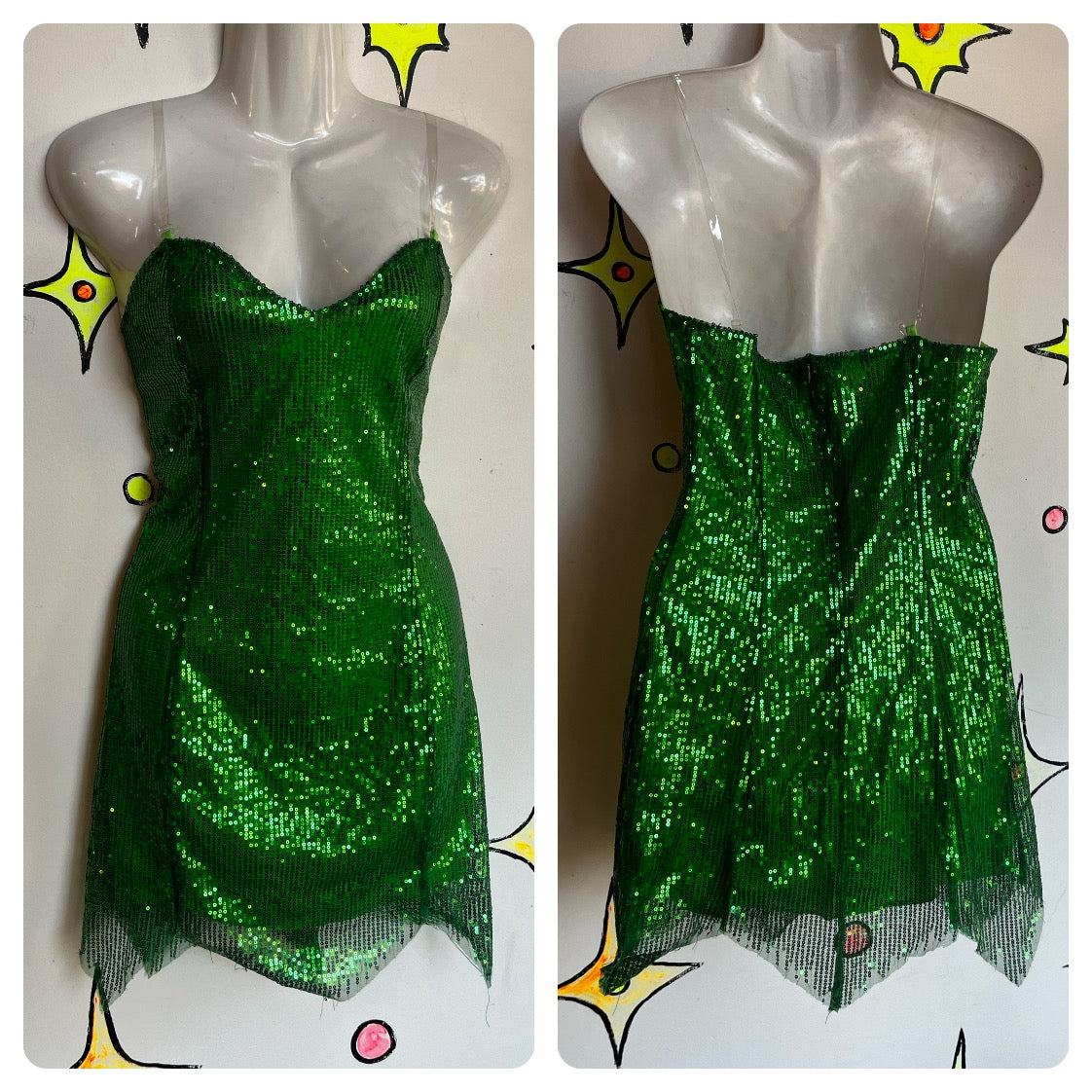 Vintage 90s Y2K | Green Sequin Glitter Fairy Tinkerbell Costume Party Dress | S